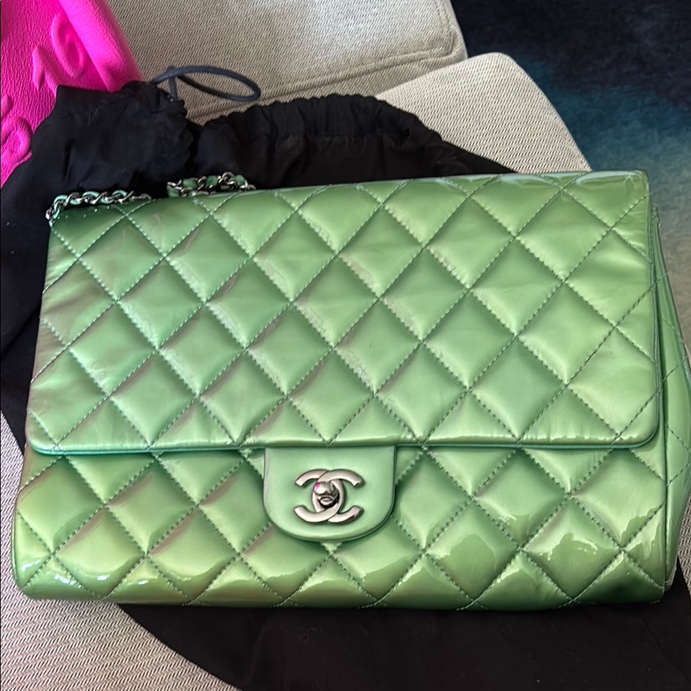 Chanel Patent Green single flap clutch on a chain with CC Turn-Lock